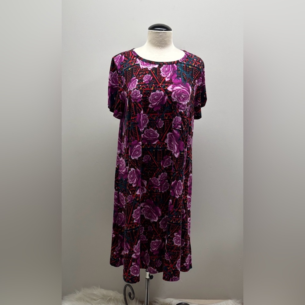 LuLaRoe Carly Dress Rose Print Stretch Midi Swing Short Sleeve Modest SZ XL